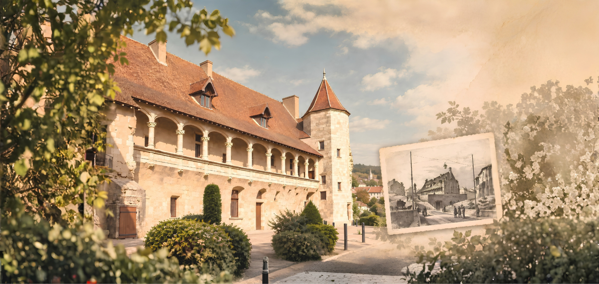Le château de Nérac et une gravure ancienne de la ville royale